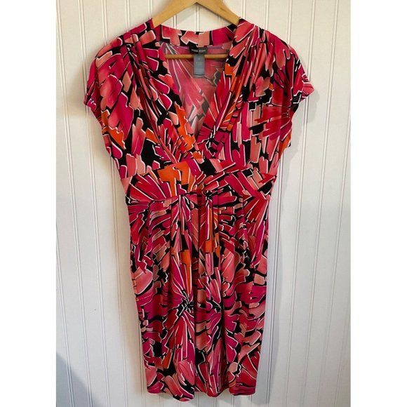 Bisou Bisou Dress Womens 12 Multicolor Abstract Sleeveless V-Neck Shift Ruched‎ - Picture 1 of 12